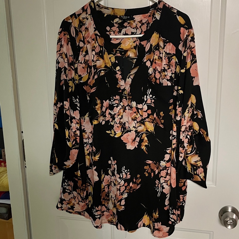 Torrid Black and Pink Floral Blouse